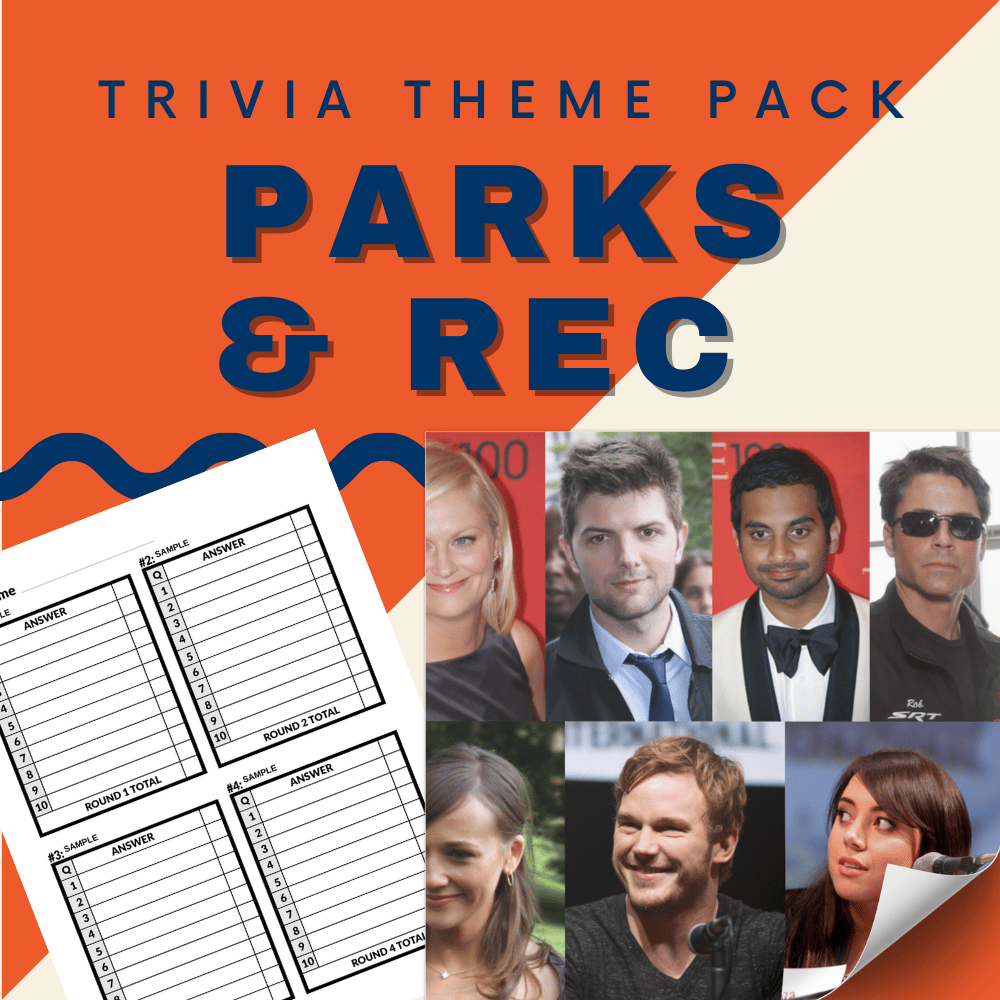 The image for Cheap Trivia's "Parks and Rec Trivia Night Theme Pack" displays a question sheet alongside photos of seven Pawnee characters, featuring four men and three women from the TV show.