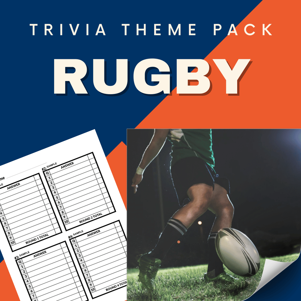 Cheap Trivia's Rugby Trivia Night Theme Pack features a rugby player kicking a ball and a score sheet on a blue and orange background, ideal for rugby fans preparing for an exciting trivia night.