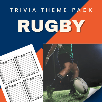 The Sports Trivia Night Bundle by Cheap Trivia includes a rugby-themed pack with a player kicking a ball on the field and trivia question-and-answer sheets.