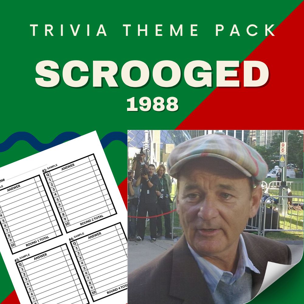 Scrooged 1988 trivia night theme pack cover - Bill Murray Christmas comedy quiz