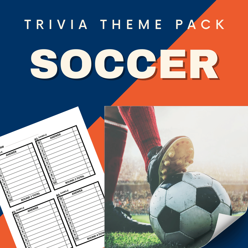 Image of the Sports Trivia Night Bundle cover by Cheap Trivia, featuring a soccer ball under a player's foot and a score sheet.