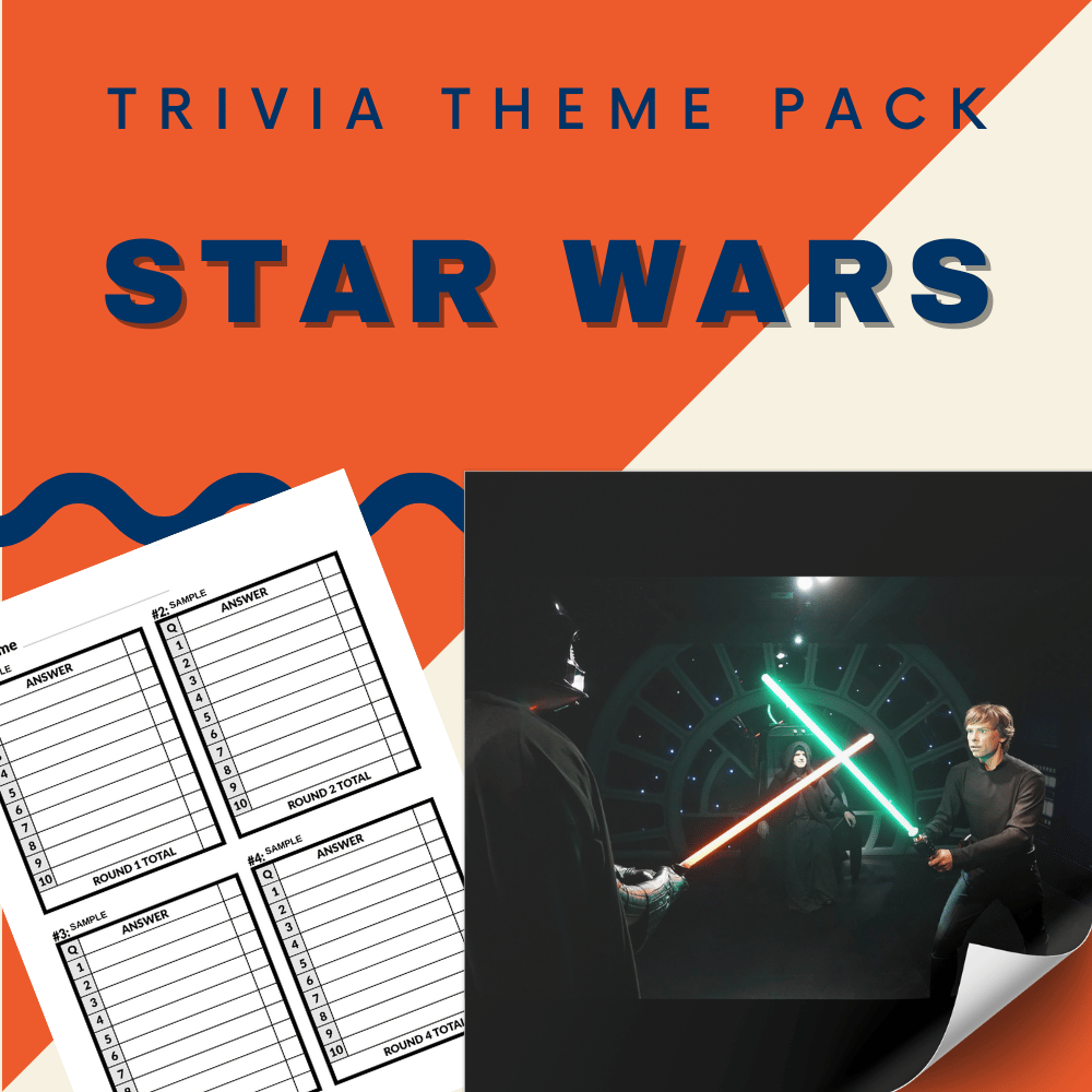 Dive into the ultimate Star Wars Trivia challenge with Cheap Trivia's Star Wars Trivia Night Theme Pack! Experience the saga by dueling against an orange and white backdrop, complete with empty trivia answer sheets for your mastery.