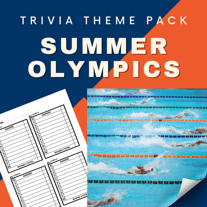 Graphic of "Sports Trivia Night Bundle" by Cheap Trivia, featuring a swimming race image and answer sheet.