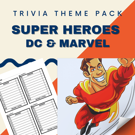 Cheap Trivia's Super Heroes Trivia (DC & Marvel) Night Theme Pack features a cover spotlighting "Super Heroes." An illustration of a superhero in red and yellow captures the essence of superhero lore and includes answer sheets for your trivia adventures.