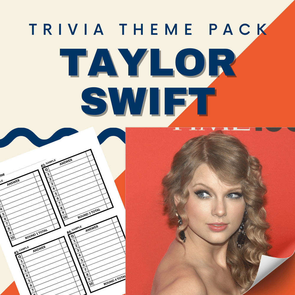 The Taylor Swift Trivia Night Theme Pack by Cheap Trivia features a bold red cover with an image of a curly-haired woman and includes a score sheet—perfect for all Swifties.