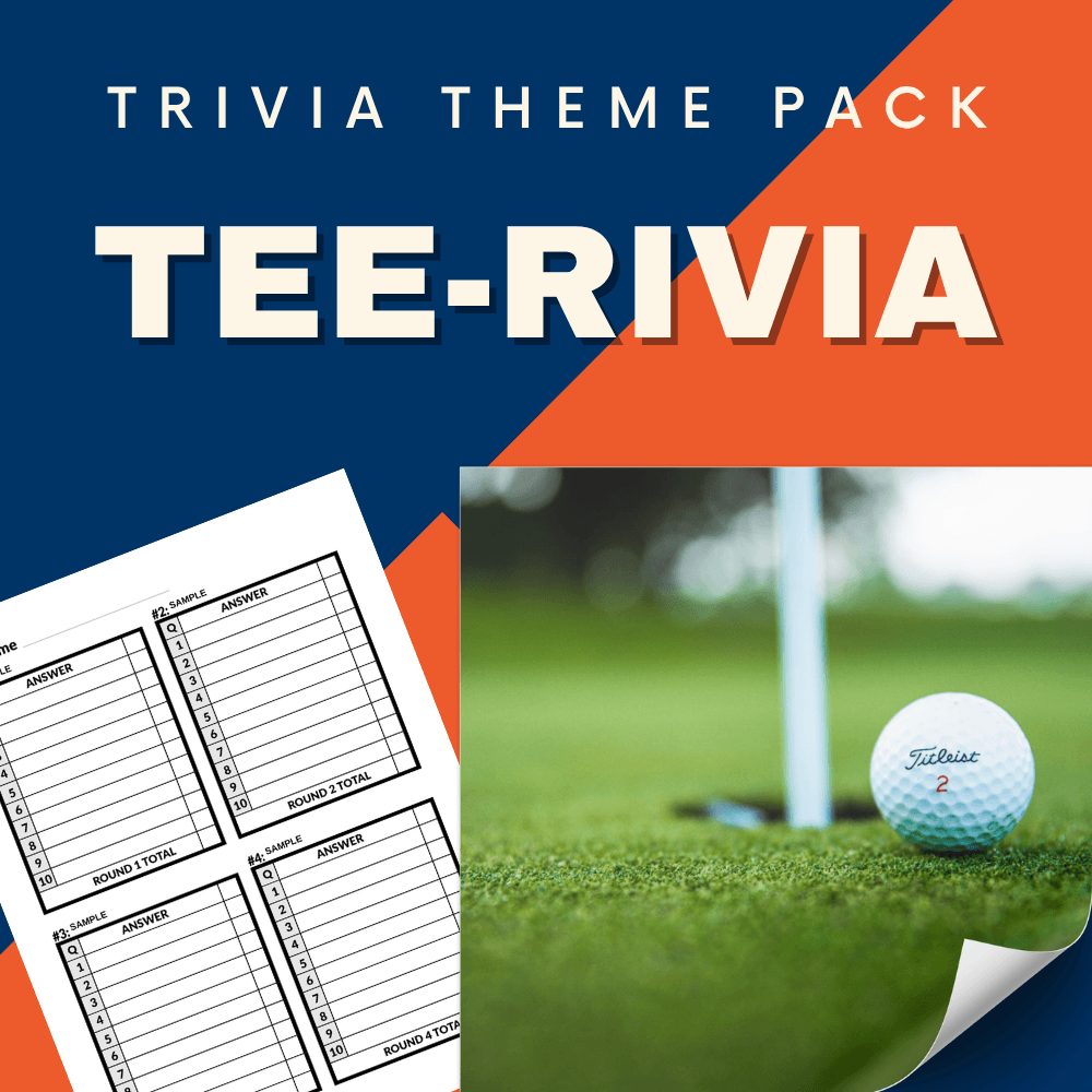Tee-rivia: The Ultimate Golf Challenge Trivia Night Theme Pack by Cheap Trivia features a golf scorecard and Titleist ball near the hole—ideal for golf trivia nights or printable quiz PDFs.
