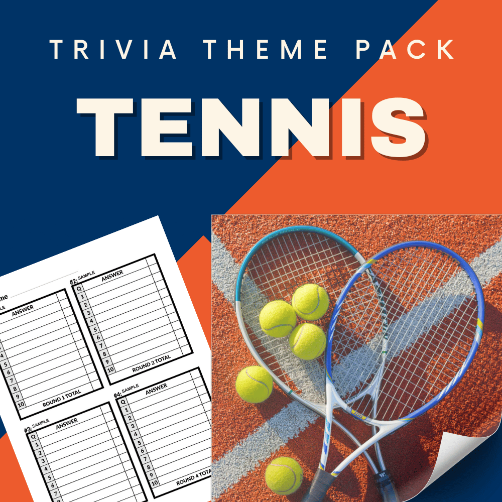 The Tennis Trivia Night Theme Pack by Cheap Trivia features an image with tennis rackets, six balls, and a score sheet—ideal for your next Tennis Trivia event.