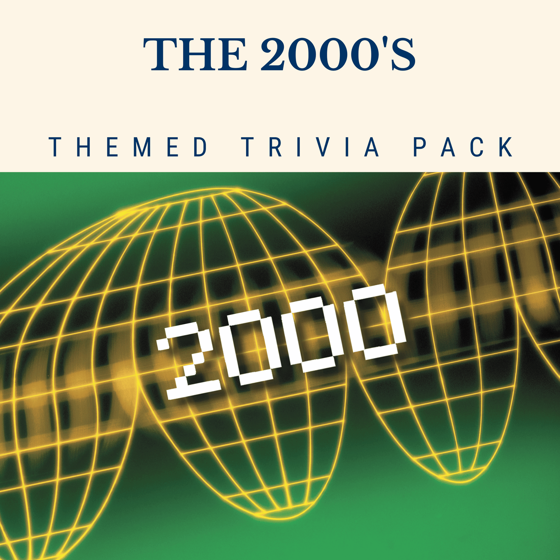 Cover of "2000s Trivia Night Theme Pack" by Cheap Trivia features a digital grid design with "2000" in bold on a green background, capturing the essence of pop culture through music and movie questions from the decade.