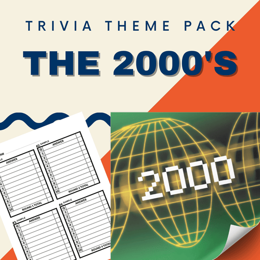 The Cheap Trivia "2000's Trivia Night Theme Pack" features a retro green digital globe graphic and two blank trivia answer sheets, perfect for nostalgic game nights.