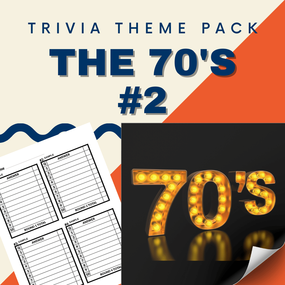 Embrace the disco nostalgia with Cheap Trivia's "The 70's #2 Trivia Night Theme Pack," featuring illuminated '70's' text on a vibrant blue, orange, and cream geometric backdrop. Transport back to the era of funky beats with quiz sheets that capture iconic memories.