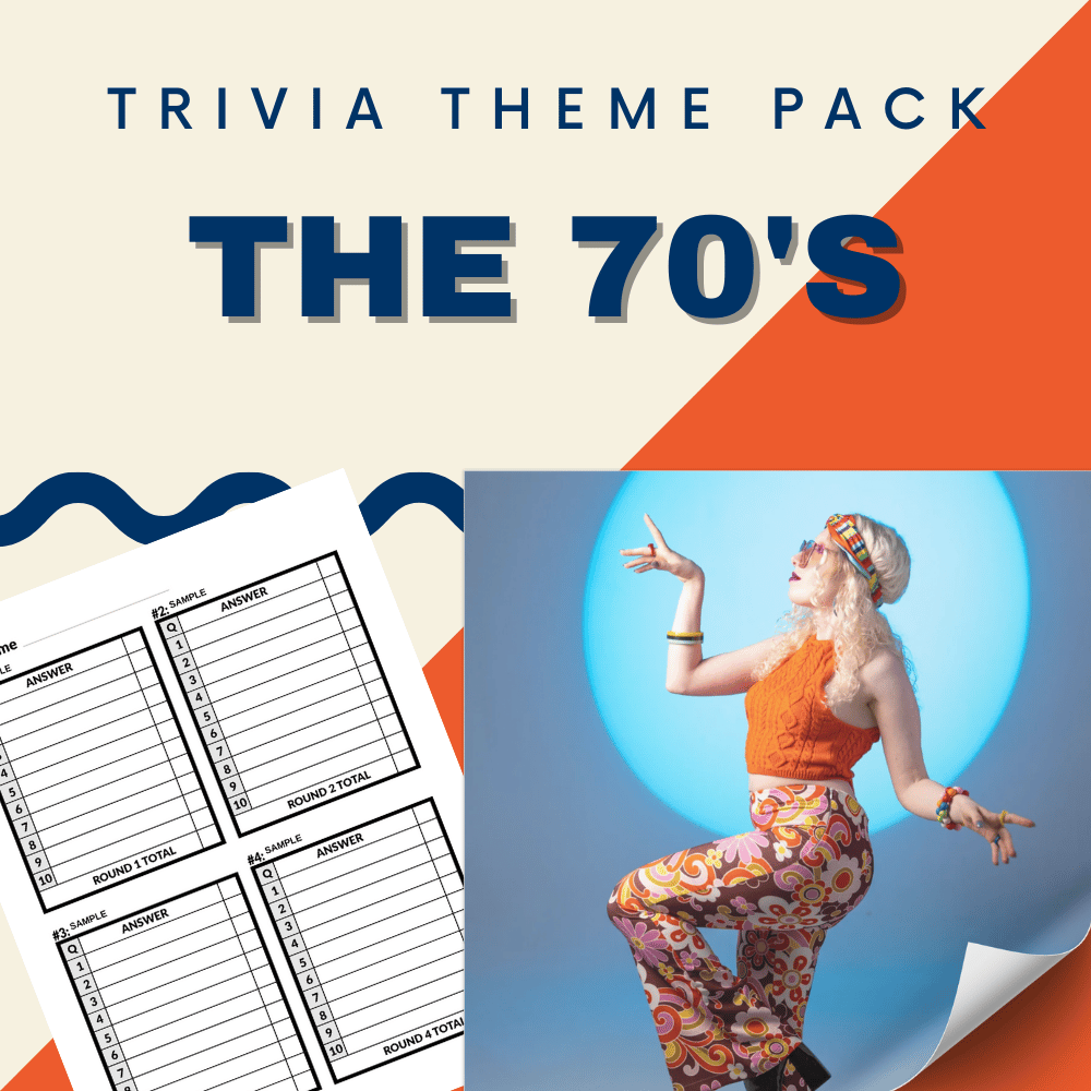 Celebrate 1970s pop culture with our "The 70's Trivia Night Theme Pack" by Cheap Trivia, featuring a retro-clad woman on the cover and an engaging trivia answer sheet.