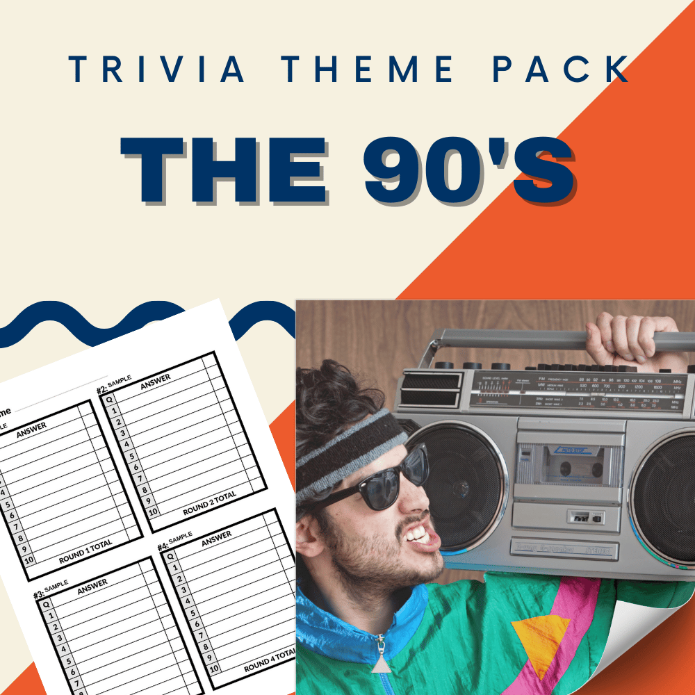 The "The 90's Trivia Night Theme Pack" by Cheap Trivia showcases a person with sunglasses and a boombox, capturing the 1990s vibe. Blank answer sheets challenge your expertise on everything from 90s Music to iconic Film classics.