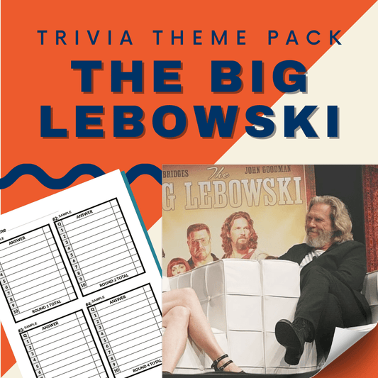 Promotional image for Cheap Trivia's "The Big Lebowski Trivia Night Theme Pack," showcasing a game sheet and a stage poster with participants. Ideal for your next Movie Trivia Night!.