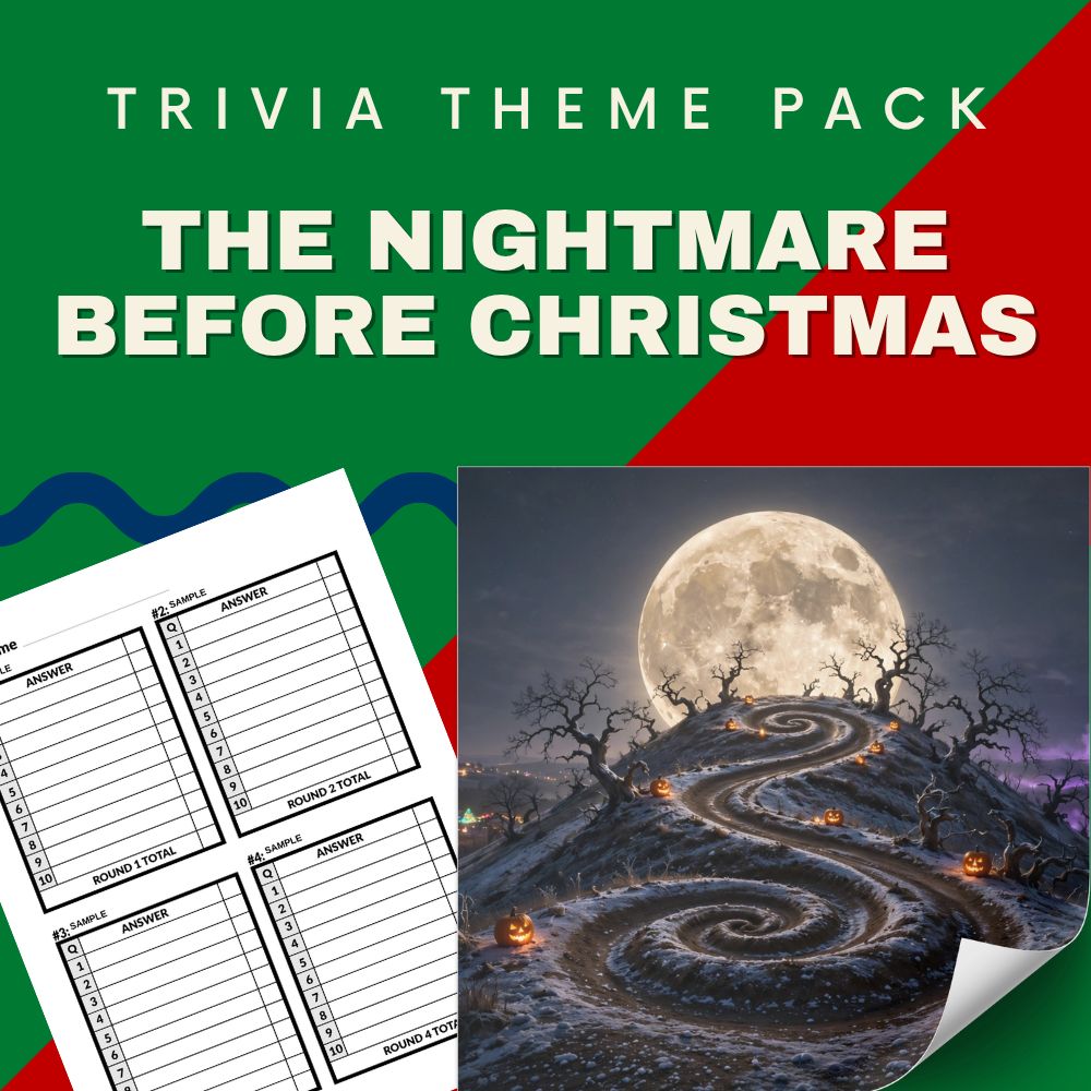 The Nightmare Before Christmas trivia night theme pack cover - Tim Burton Jack Skellington quiz questions