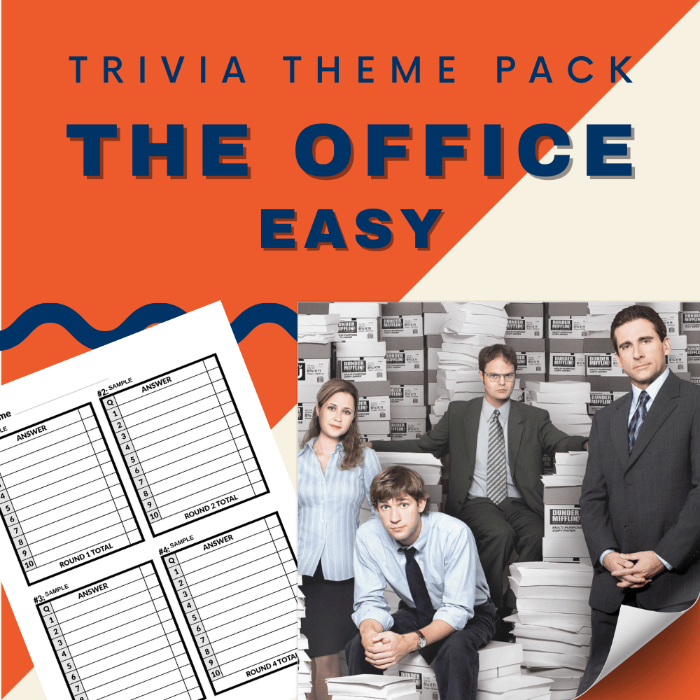 Image of The Office Trivia Night Bundle by Cheap Trivia, featuring the text "The Office Easy" and displaying a photo of four people in an office setting alongside trivia answer sheets.