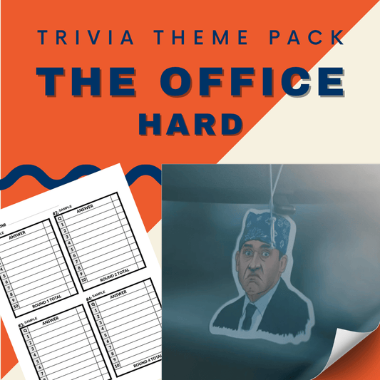 Promote your event with the "The Office (US Version) Trivia Night Theme Pack (HARD)" by Cheap Trivia—includes answer sheets, Dunder Mifflin-inspired questions, and a fun car air freshener featuring a favorite character!.
