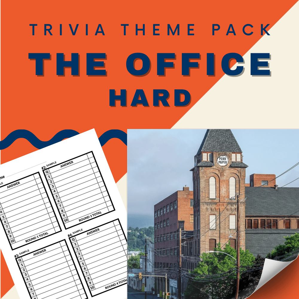 Prepare for "The Office (US Version) Trivia Night Theme Pack (HARD)" by Cheap Trivia, complete with game sheets and a photo of the iconic Dunder Mifflin building, perfect for die-hard fans eager to test their knowledge on this harder version of the beloved workplace comedy!.