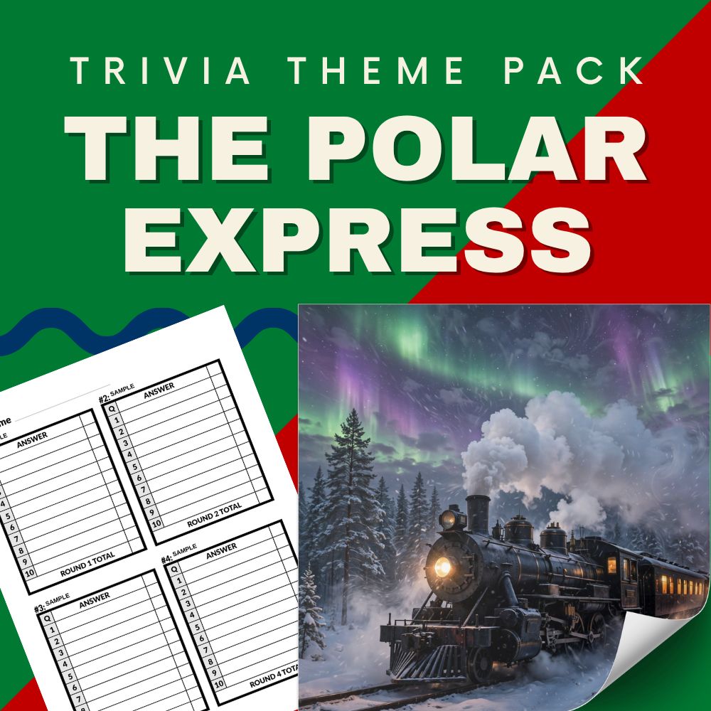 The Polar Express trivia night theme pack cover - Tom Hanks animated Christmas train movie quiz