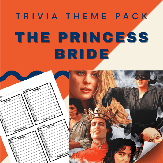 Enhance your Trivia Night with the Cheap Trivia "The Princess Bride" Theme Pack, complete with character images and a blank answer sheet.