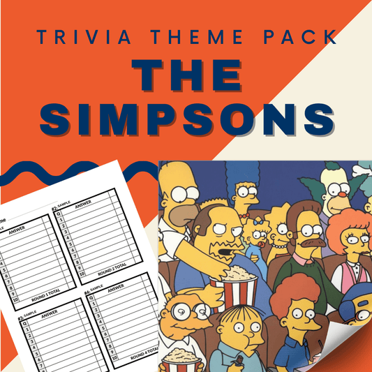 The Simpsons Trivia Night Theme Pack by Cheap Trivia includes trivia answer sheets and a cover with a Simpsons family image on an orange and blue background, offering engaging and challenging questions perfect for fans.