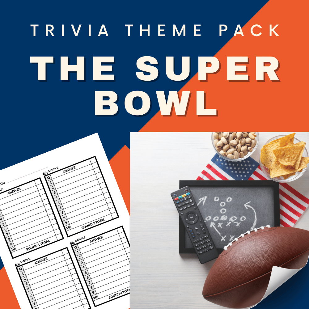 Sports Trivia Night Bundle by Cheap Trivia includes an image with quiz sheets, a football, a remote, a chalkboard with plays drawn on it, and snacks on an American flag backdrop.