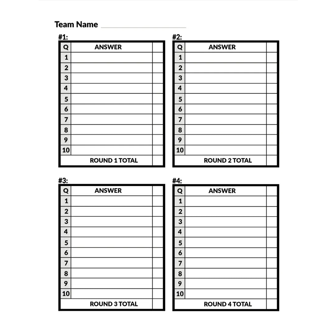 Cheap Trivia's Trivia Night Blank Answer Sheet includes four numbered sections (Round 1 to Round 4) for answers and totals, plus a space for a team name at the top, perfect for enhancing your weekly trivia subscription experience.