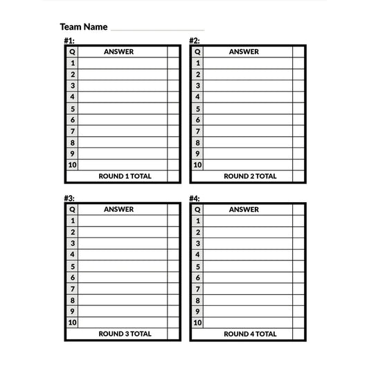 Cheap Trivia's Trivia Night Blank Answer Sheet includes four numbered sections (Round 1 to Round 4) for answers and totals, plus a space for a team name at the top, perfect for enhancing your weekly trivia subscription experience.