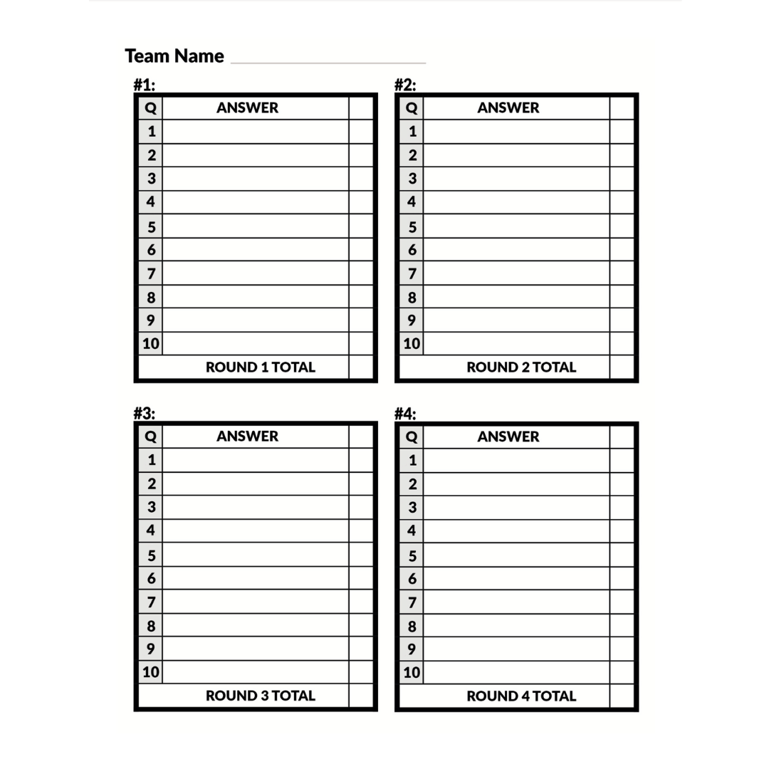 Trivia Night Blank Answer Sheet