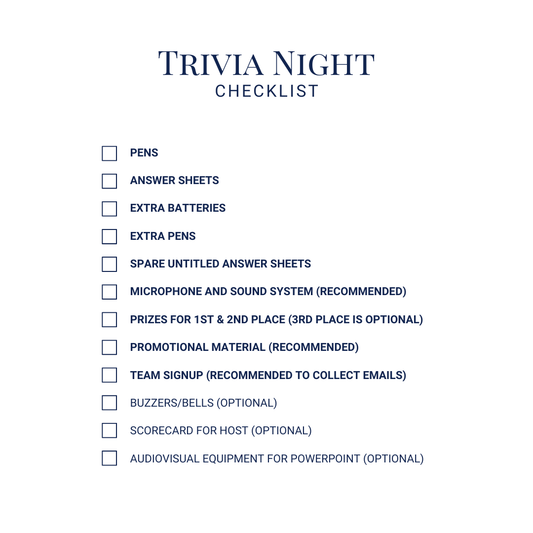 Cheap Trivia's Trivia Night Checklist ensures you have essentials: pens, answer sheets, microphones, and buzzers. Consider optional extras like a host scorecard and AV equipment. Elevate your events with our Weekly Trivia Subscription for fresh content.