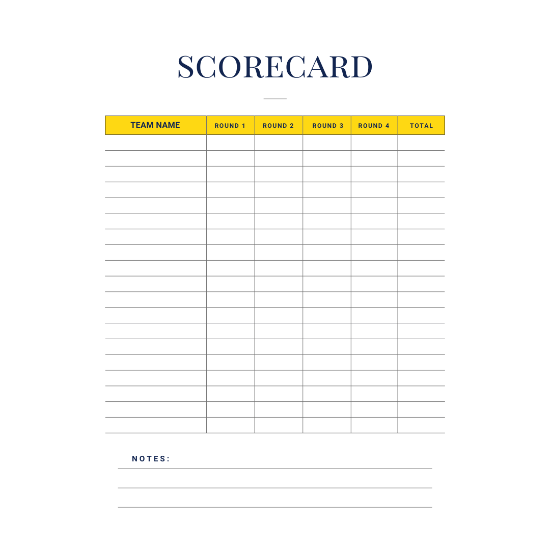 The Cheap Trivia Night Scorecard features columns for "Team Name," "Round 1" to "Round 4," and "Total," plus a "Notes" section, ideal for weekly trivia subscriptions or marketing activities.