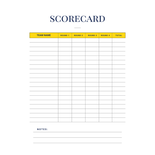 The Cheap Trivia Night Scorecard features columns for "Team Name," "Round 1" to "Round 4," and "Total," plus a "Notes" section, ideal for weekly trivia subscriptions or marketing activities.