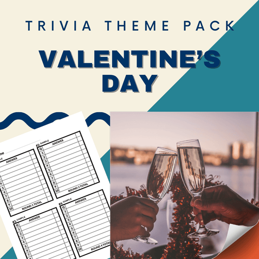 The Valentine's Day Trivia Night Theme Pack by Cheap Trivia features game sheets on the left and a couple clinking champagne glasses in celebration on the right.