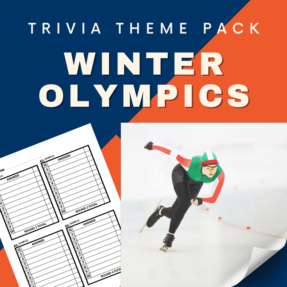 Winter Olympics trivia theme pack with Speed Skating image and answer sheet, part of the Cheap Trivia Sports Trivia Night Bundle.