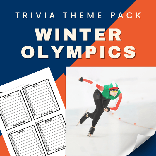 The Winter Olympics Trivia Night Theme Pack by Cheap Trivia features a vivid graphic with "Winter Olympics" text and a speed skater on an icy track, set against a striking blue and orange backdrop alongside a trivia night answer sheet.