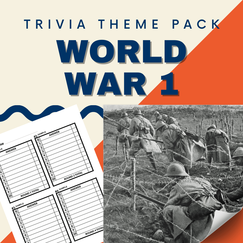 The World War 1 Trivia Night Theme Pack by Cheap Trivia includes an evocative image of soldiers in a trench and an answer sheet, perfect for an engaging trivia night.