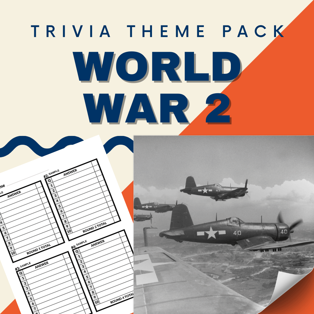 The World War 2 Trivia Night Theme Pack by Cheap Trivia features a cover with "World War 2" text, a grid paper for quiz questions, and a vintage black-and-white photo of military aircraft. It's ideal for history quiz enthusiasts eager to explore WW2 trivia.